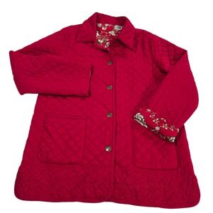 Denim &‎ Co Reversible Quilted Jacket Womens Red M 100%Cotton Snap Embroidered